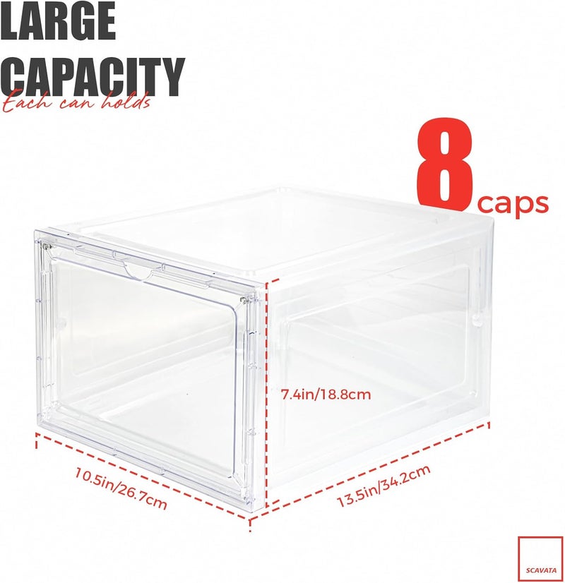SCAVATA 6 Pack Hat Organizer Box, Stackable Clear Baseball Caps Holder Box Containers with Magnetic Door for Hats Snapback Cap Storag, Hat Rack Display Case, Holds 8 Hats Each (Clear) - Image 2